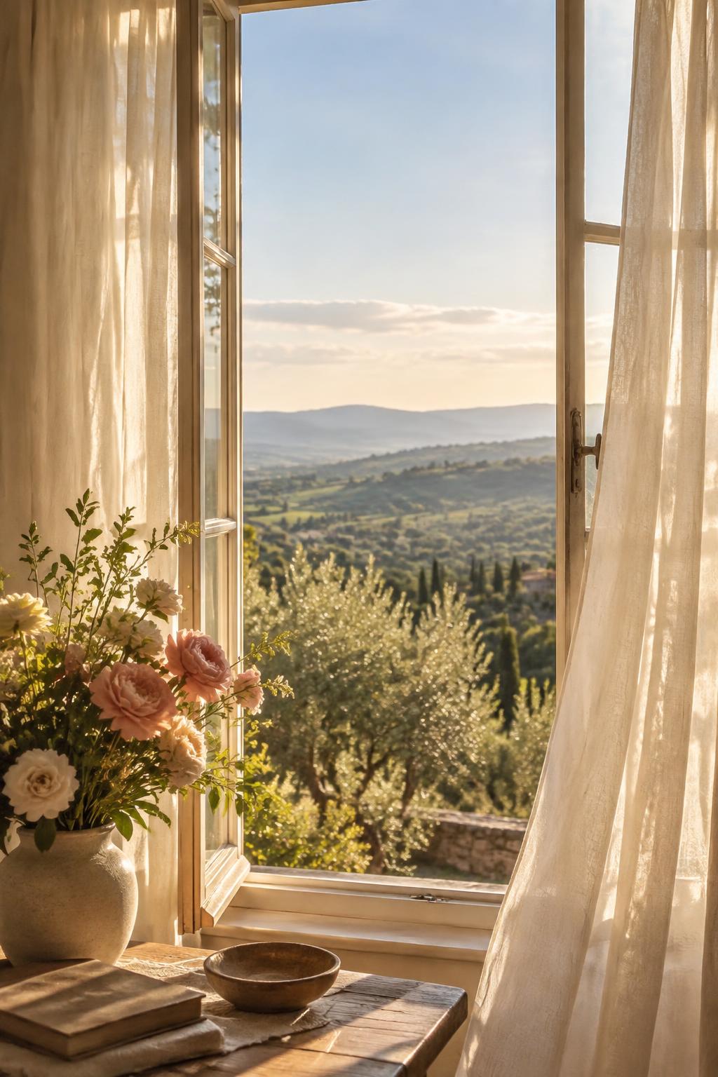 Ventana abierta con cortinas de lino, flores y una vista natural luminosa
